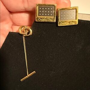 Dior Authentic Silver and Gold Cufflinks with Tie Pin